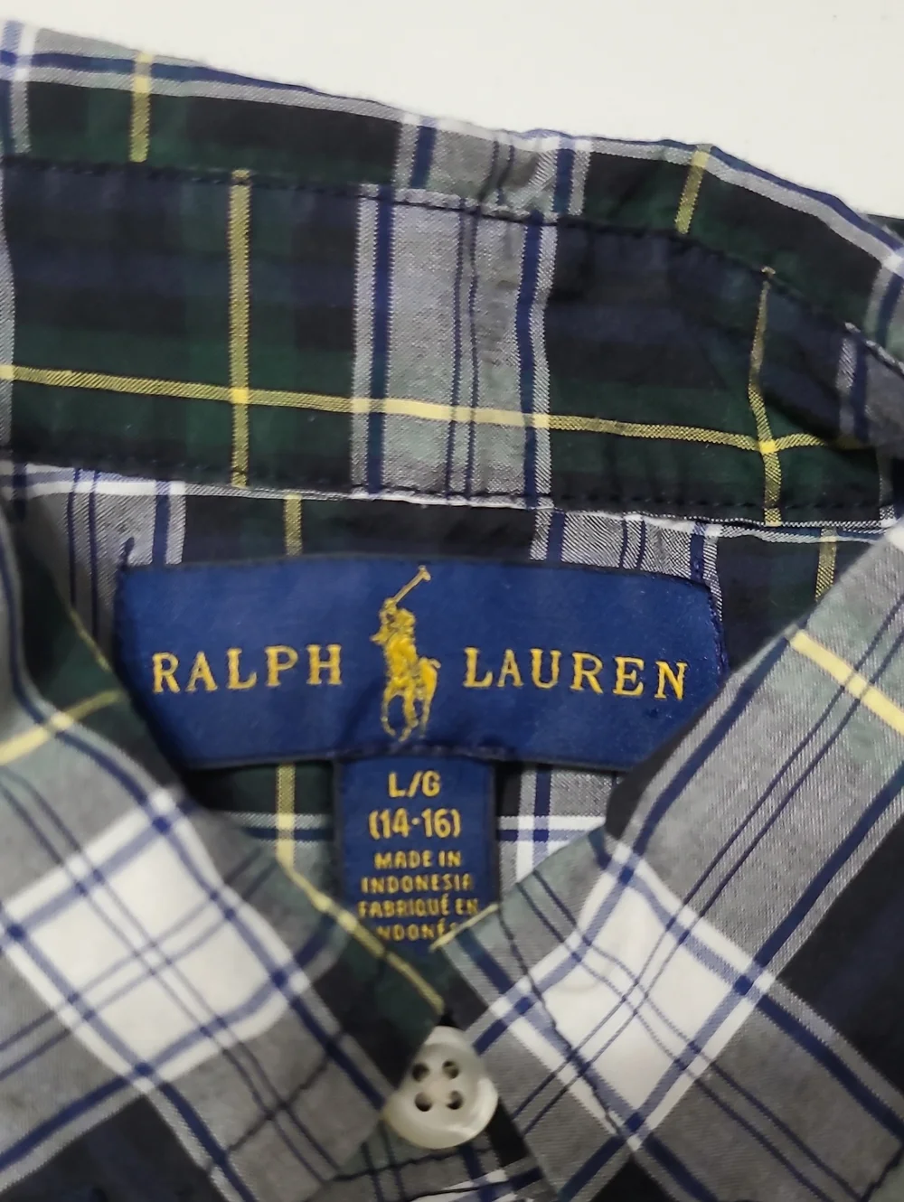 Ralph Lauren Navy, Green & White Plaid Button-Up Shirt size Large (14-16)